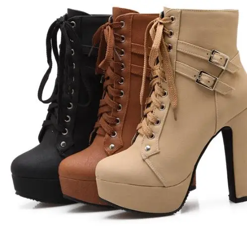 

Women Shoes Platform Ankle Martin Boots Women Belt Buckle Spring High Heels Shoes Lace .
