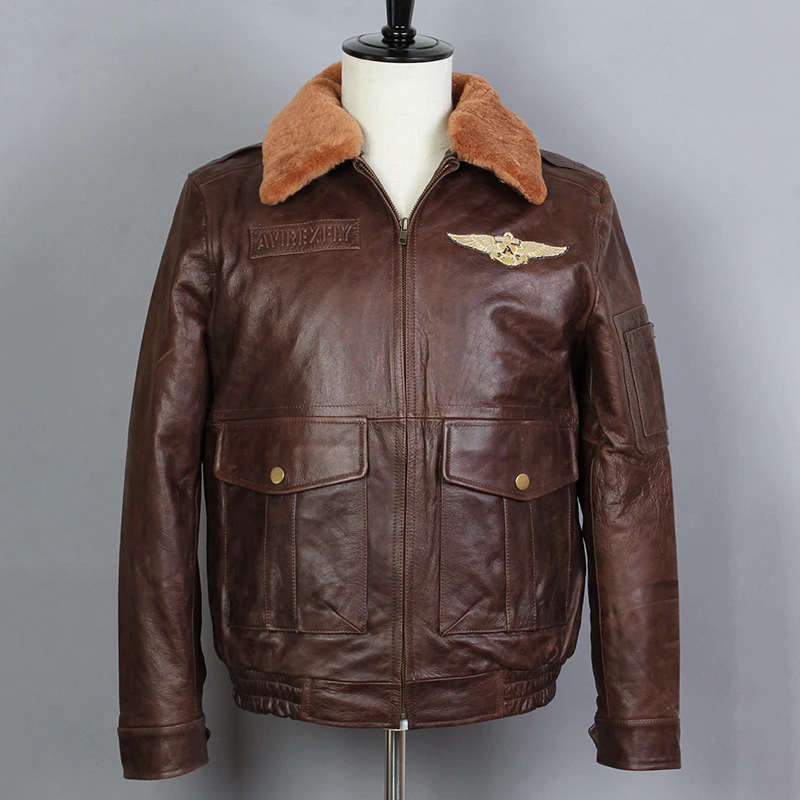 AVIREX FLY/модная кожаная куртка для мужчин с меховым воротником, куртка из натуральной кожи, кожаная куртка-бомбер из коровьей кожи, мужская зимняя куртка