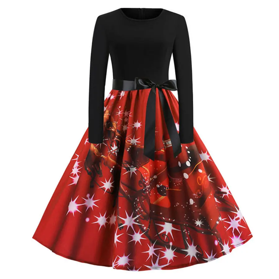 Gladiolus Christmas Print Summer Women Dress Belt Tunic Long Sleeve O-Neck 50s 60s Vintage Dress 2019 Party Ladies Dresses 2XL (11)