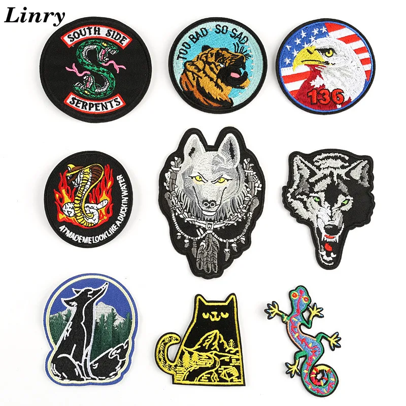 

Eagle Wolf Snake Fox Cat Lizard Punk Style Embroidered Patch Iron On Patches For Stripes Bags Caps Trousers DIY Shirts Stickers