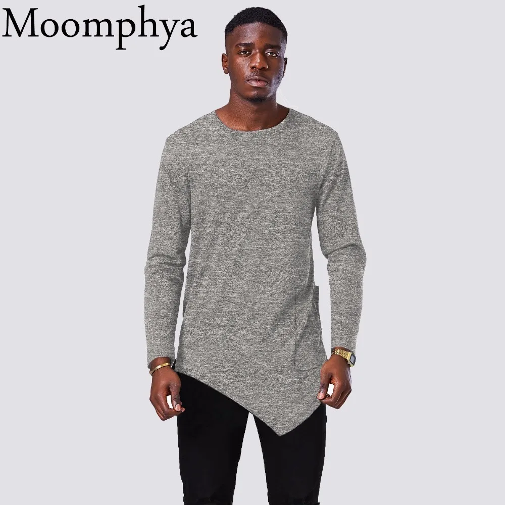 

Moomphya 2018 New Design Long sleeve men t shirt Long Style Asymmetrical Hem t-shirt men Stretchy t shirt with big side pocket