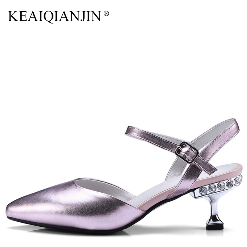 

KEAIQIANJIN Woman Genuine Leather Silvery Sandal Fashion Black High Heels Shoes Sexy Summer Plus Size 33-43 Crystal Sandals 2018