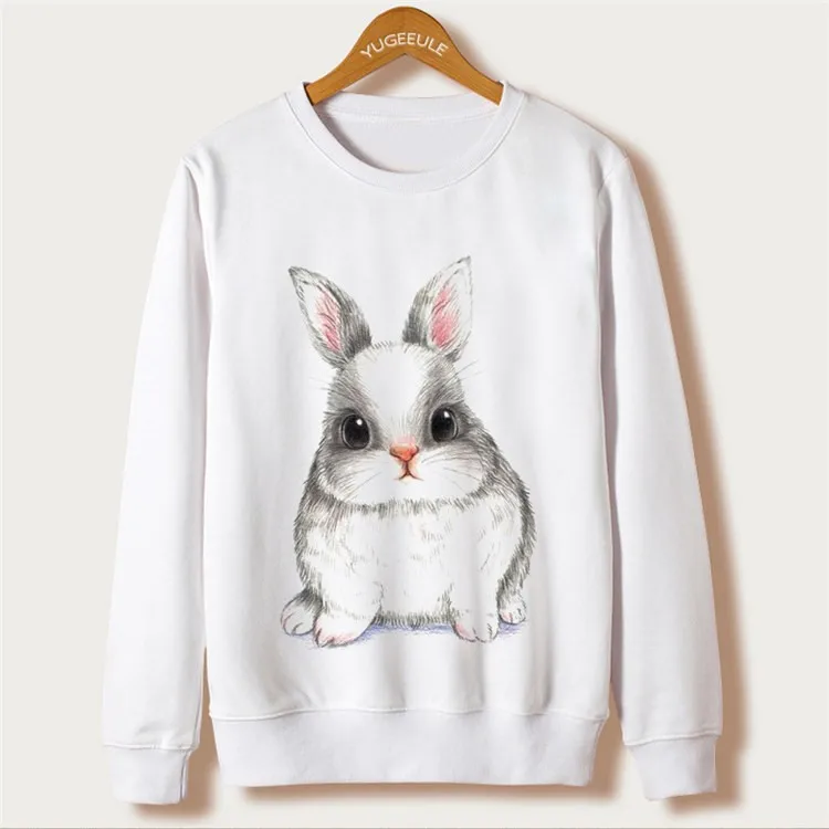 Animal Rabbit Print Sweatshirts Full Sleeve O-Neck White Kawaii Hoodies New Fashion Sweatshirts Autumn Harajuku Loose Pullovers 14