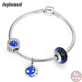 

STEP FORWARD Real 925 Sterling Silver Blue Enamel Star Moon Pendant Charm Bracelets & Bangles For Woman Fashion Jewelry WLB015