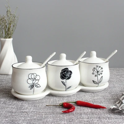 

Northern Europe Simplicity Style Sugar Bowl Home Kitchen 3 In 1 Set Ceramica Salt Condiment Seasoning Pot Jars With 3 Spoons