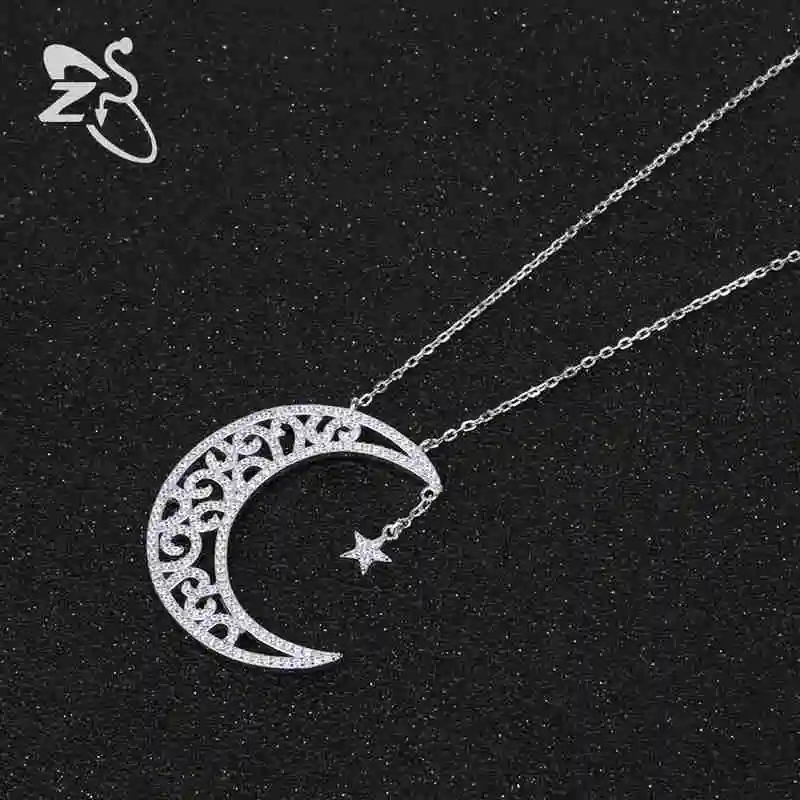 ZS Настоящее серебро 925 проба ожерелье Кристалл колье ожерелье для женщин кулон ожерелье полумесяц звезда мусульманские украшения Израиль