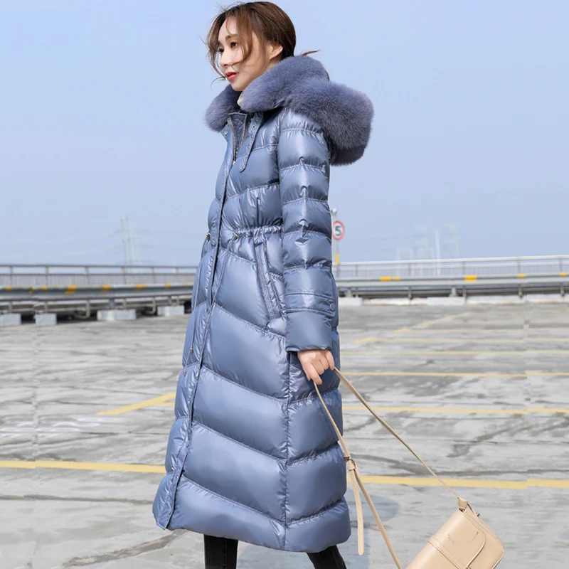 Beste 2019 Winter 90% Witte Eendendons Jas Vrouwen Dikke Warme Hooded Jassen Grote Echte Vos Bont Slanke Vrouwelijke Lange Down parka Overjas