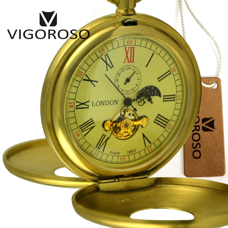 Imperial Pure Copper Antique 1882 Vintage Mechanical Old Pocket Watch Hand Wind 12 24 Hour Moon