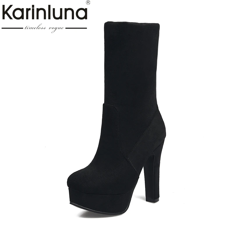 

KARINLUNA 2018 Plus Size 33-43 Slip On Platform Women Shoes Woman Party Boots Add Fur Winter Boots Super High Heel Black Blue