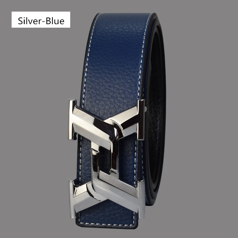 Luxury Belts for Men Fashion Business Casual High Quality Smooth Buckle Designer Male Leather Belts - Цвет: Silver Blue