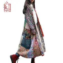 LZJN 2019 Весна пальто один нагрудник Тренч для женщин Традиционный китайский длинное ветровка Лоскутная Верхняя одежда