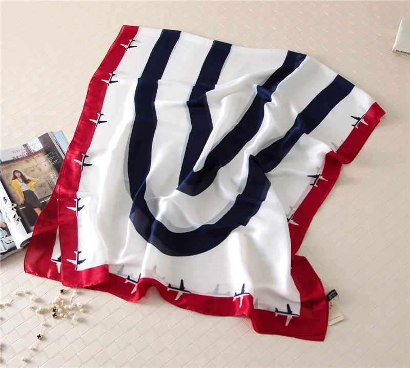 2018 Женская испанская мода темно синий полосатый самолет шелковый платок шарф