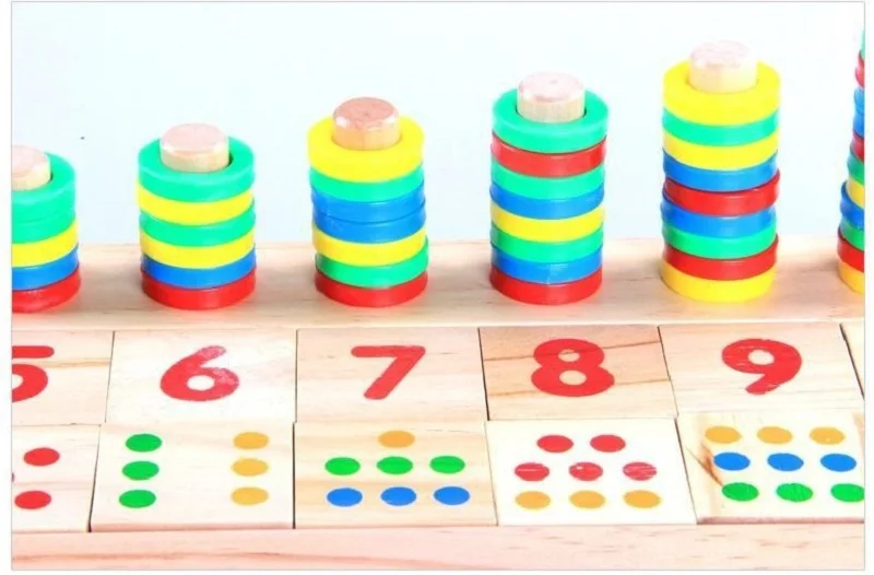 Rainbow Rings Dominos Children Preschool Teaching Aids Counting and Stacking Board Wooden Math Toy