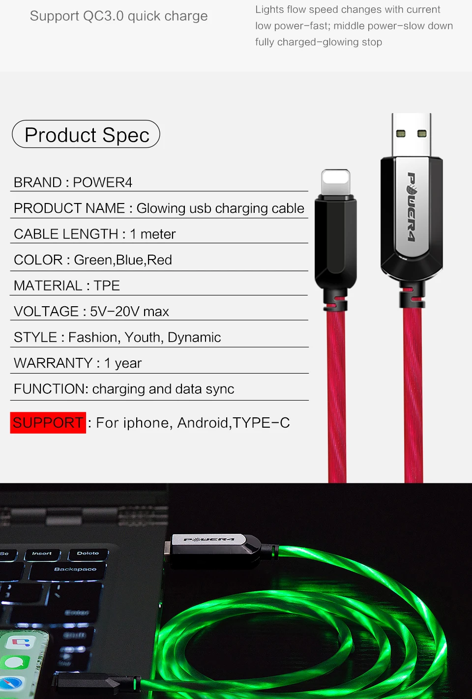 Power4 усиленный Micro кабель usbc для iPhone xs max светящийся светодиодный usb type C кабель для Lightning samsung зарядный кабель Micro