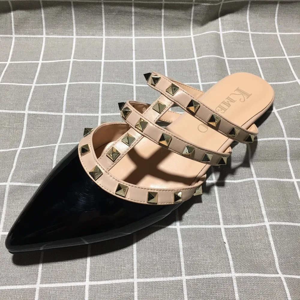 Spéciale Bout patent Appartements Fretwork black Chaussures Pink patent Pointu Casual Sur Kmeioo Pour Femmes Robe Mode Découpes gold pu Slip Diapositives Offre Rivets nF8w0xBqS5