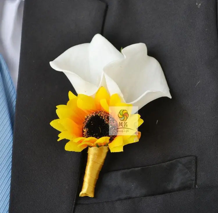 

Brand New HandMade 5Pcs/lot Best Man Groom Boutonniere Calla Lily SunFlower Wedding Groomsman Corsage Party Prom Man Suit Brooch