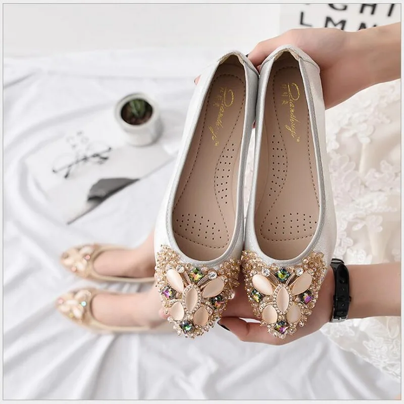 

Spring Autumn Women Crystal Ballet Shoes Gold Silver Pointed Toe Rhinestone Flats Soft Breathable Slip-on Flat Shoes Comfortable