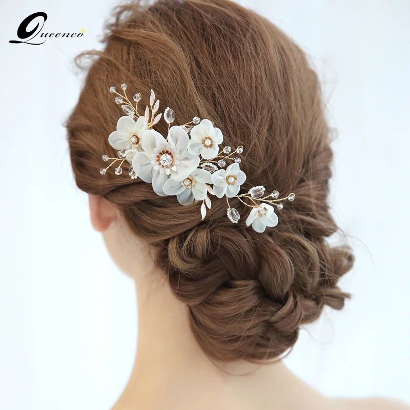 Us 9 9 50 Off Queenco White Flower Wedding Hair Accessories Bridal Hair Comb Gold Pearls Bridesmaids Gift Party Jewelry Bridal Hairpins In Hair