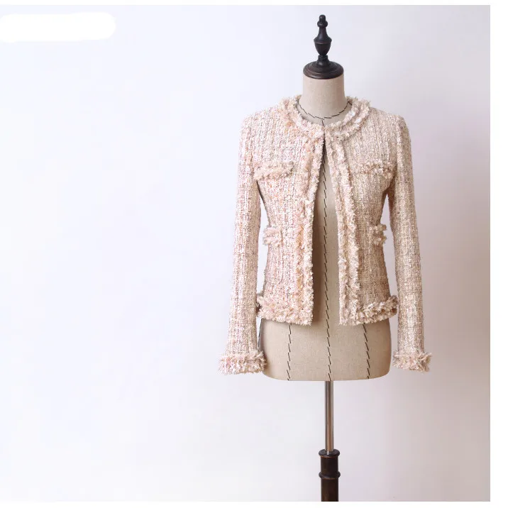 

Handmade 2018 Runway women's Designer Luxury Fashion Blazer Suits Hidden Breasted Tweed Tassel Short Coat Blazer Pink Green Grey