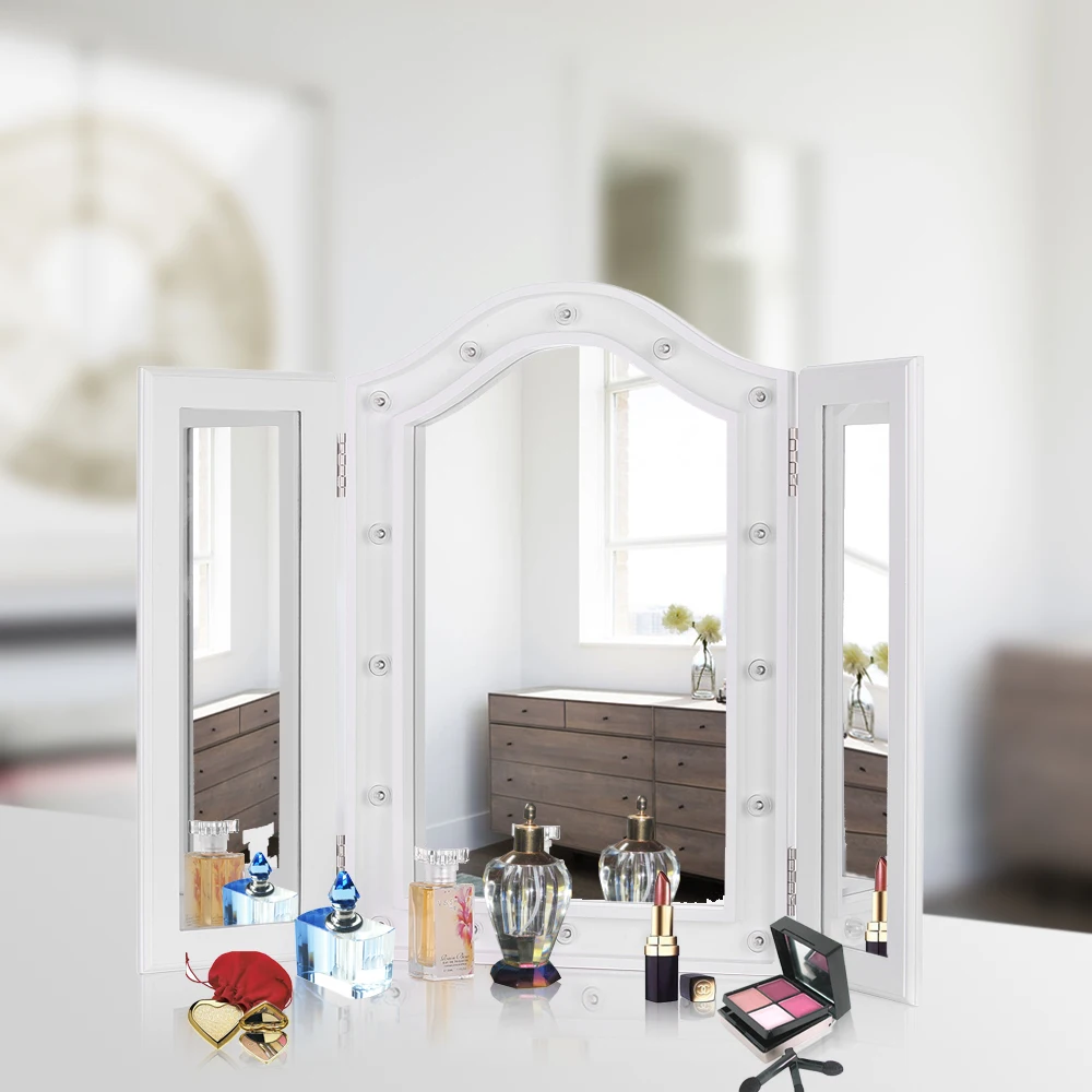 

iKayaa LED Lighted Trifold Vanity Mirror Stand Folding Countertop Cosmetic Makeup Mirror Table Marquee Beveled Edge