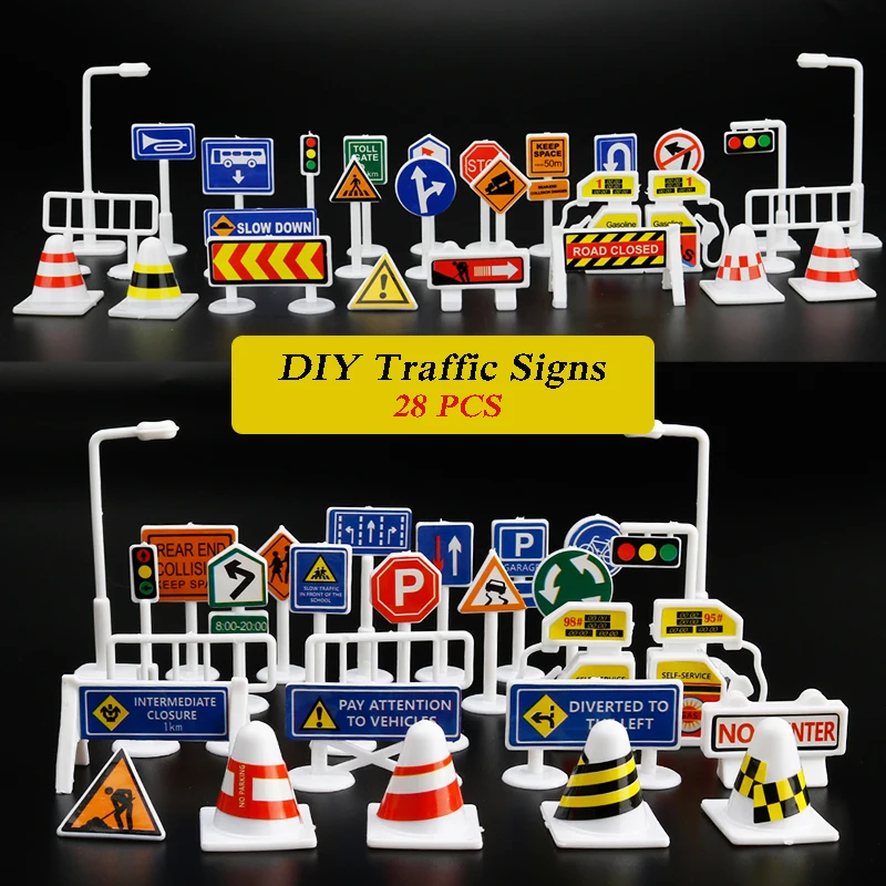 28PCS DIY Traffic Sign Model Scene education Toys Road Sign Road block  Ideal Christmas Birthday for Kids Gift  parking lot view