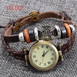 YULUCH Винтаж крест ремесло браслет дамы кварцевые часы Классический бренд модные римские Pu кожа часы Подарочные