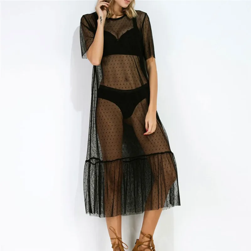 

Sexy Women Short Sleeve See Through Mesh Sheer Dress O-neck Black Evening Long Maxi Dress Loose Dot Bikini Cover Ups Beach Dress