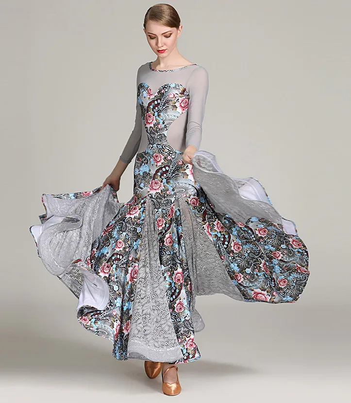 

Standard Ballroom Dance Dresses 2019 High Quality Lace Sleeve Flamenco Dancing Skirt Women Cheap Stage Waltz Ballroom Dress