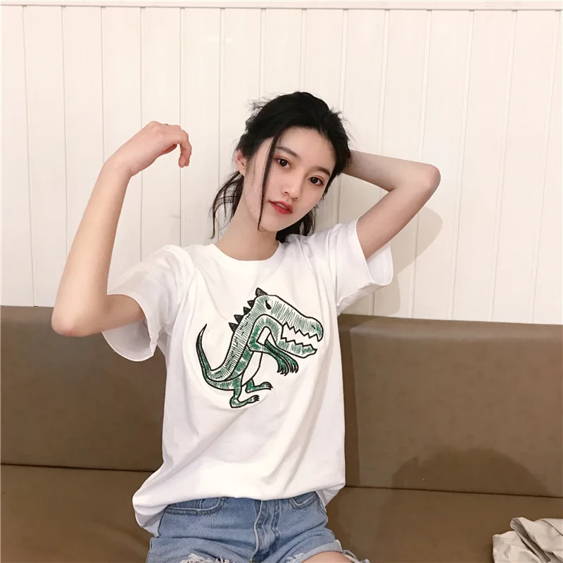

2019 New Small Dinosaur Embroidered T-shirt and Short Sleeve,Women's Shirt