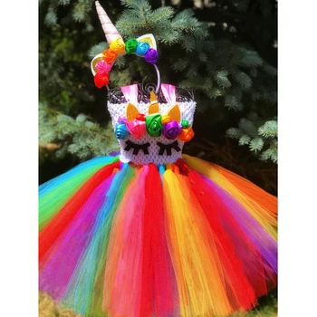 

Rainbow Unicorn Tutu Dress Colorful Pastel Kids Girls Flowers Birthday Party Dresses with Headband Christmas New Year Costume