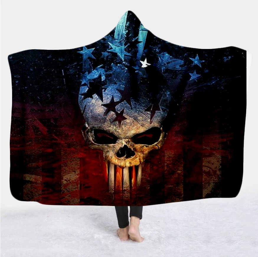 

PLstar Cosmos Hooded Blanket for Adult Gothic Color Skull Sherpa Fleece Wearable Throw Blanket Microfiber Galaxy Bedding style-4