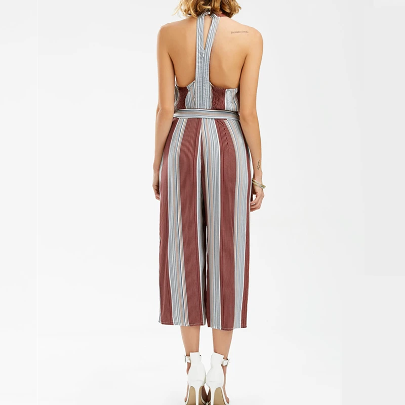 Sleeveless Stripes Halter Off Shoulder Jumpsuits Long Wide Leg Pants Women Summer Loose Backless Lady Fashion Playsuits Overalls Sleeveless Stripes Halter Off Shoulder Jumpsuits Long Wide Leg Pants Women Summer Loose Backless Lady Fashion Playsuits Overalls