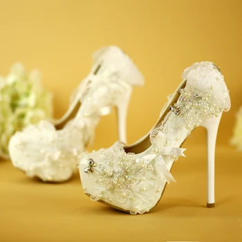 

Wedding Shoes Lace Bow Diamond Princess Crystal Bride Large Size 40-43 Female Pumps White Women Shoes High Heel