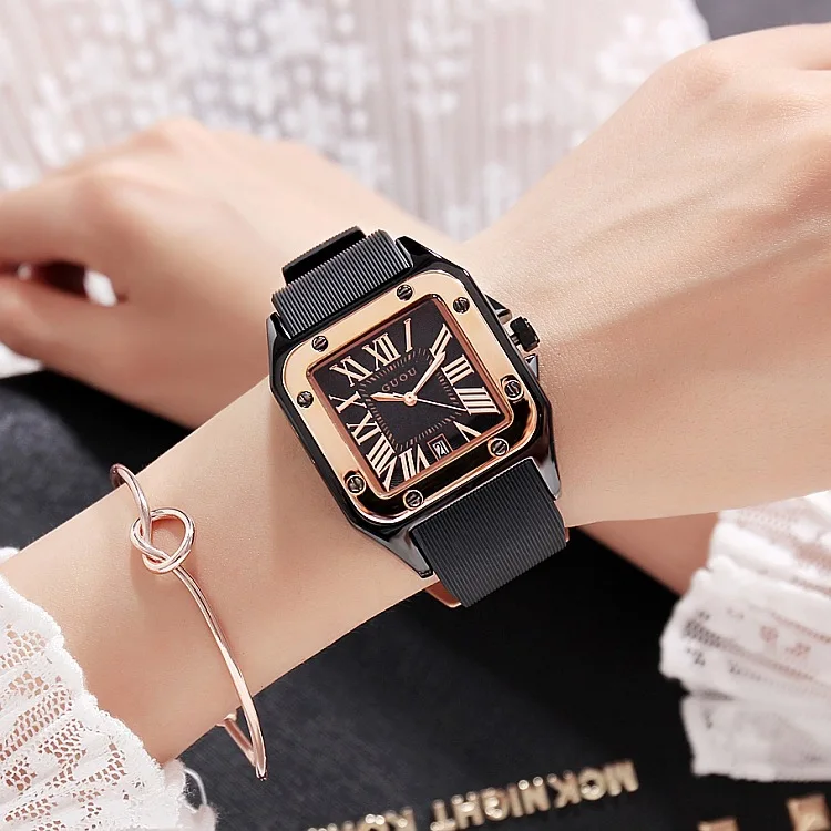 Miglior Di modo GUOU Orologi di Marca Delle Donne Della Signora di Lusso di Orologi Da Polso In Gomma Vigilanza Del Vestito Del Silicone Quadrato Del Quarzo del Regalo del Vestito Studente Orologi