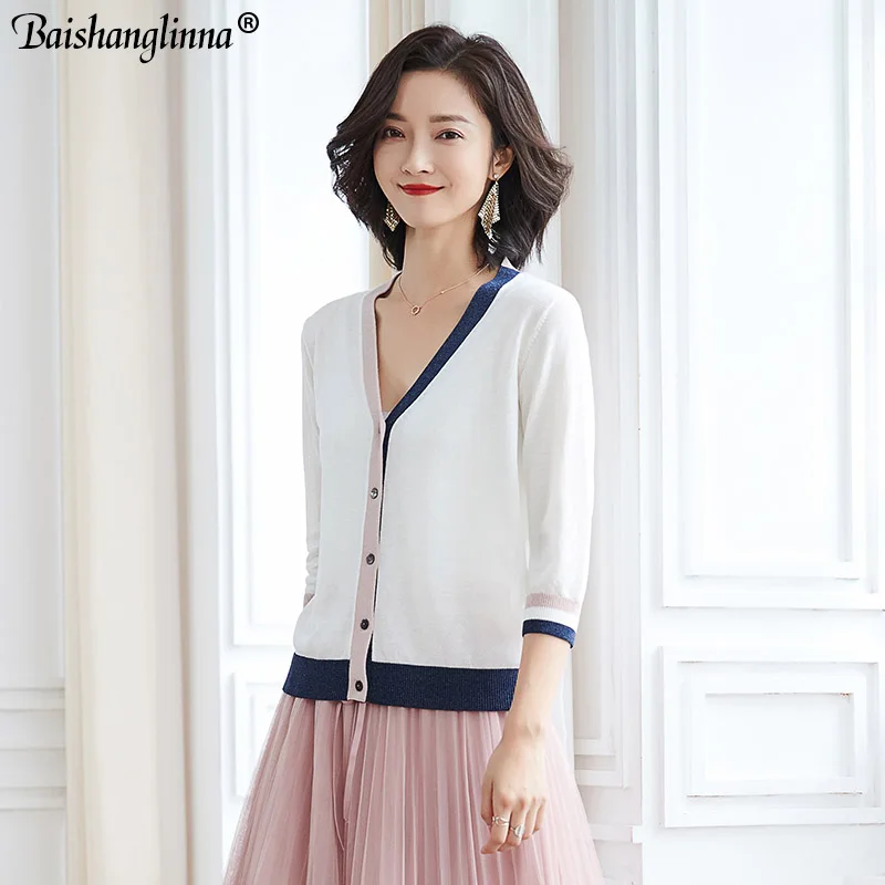 Baishanglinna Knitted Cardigan sweater 2019 Spring Autumn Women Simple Solid Straight Bottom Wearing Fashion |