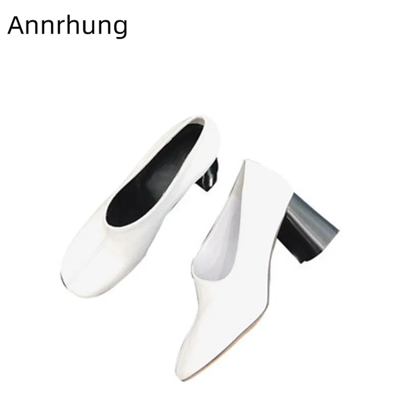 

Asymmetrical Genuine Leather Pumps Woman Chunky Heel Round Toe Shoes High Heel Work Shoes Shallow Shoes Zapatos De Mujer