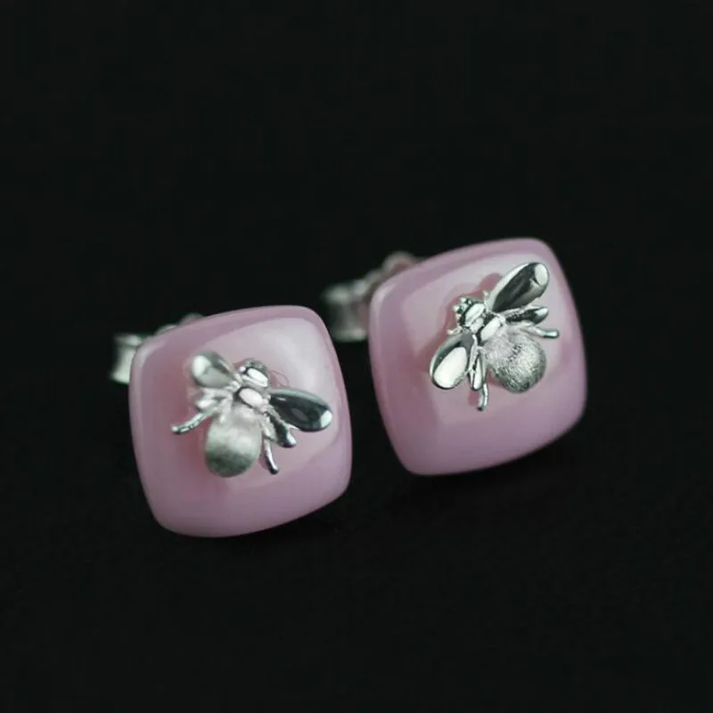 

JINSE Real 925 Sterling Silver Natural Handmade Designer Fine Jewelry Bee Kiss from a Rose Stud Earrings for Women Brincos