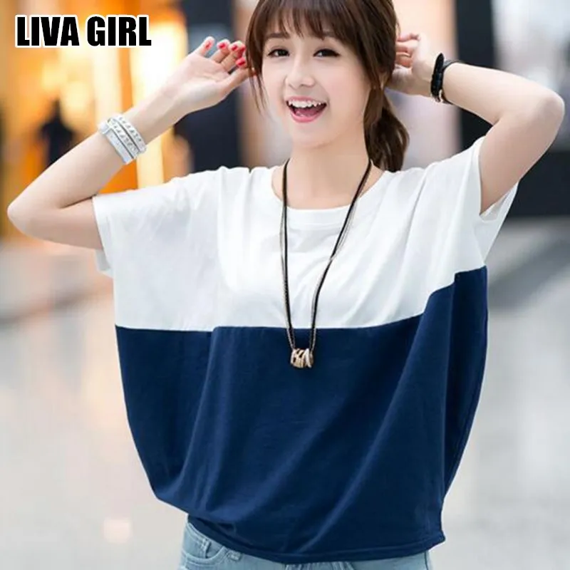 

Liva Girl Summer Comfortable Women Loose Bat Sleeve Shirt Casual Tops Tees Patchwork O-Neck T-Shirts Chemise Ladies Size M-2XL