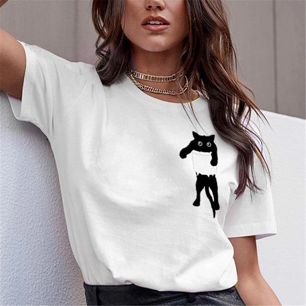 2019 camiseta femenina camisas mujer estampado de gato camiseta suelta de manga corta Casual Simple Pullover Tops|Camisetas| - AliExpress