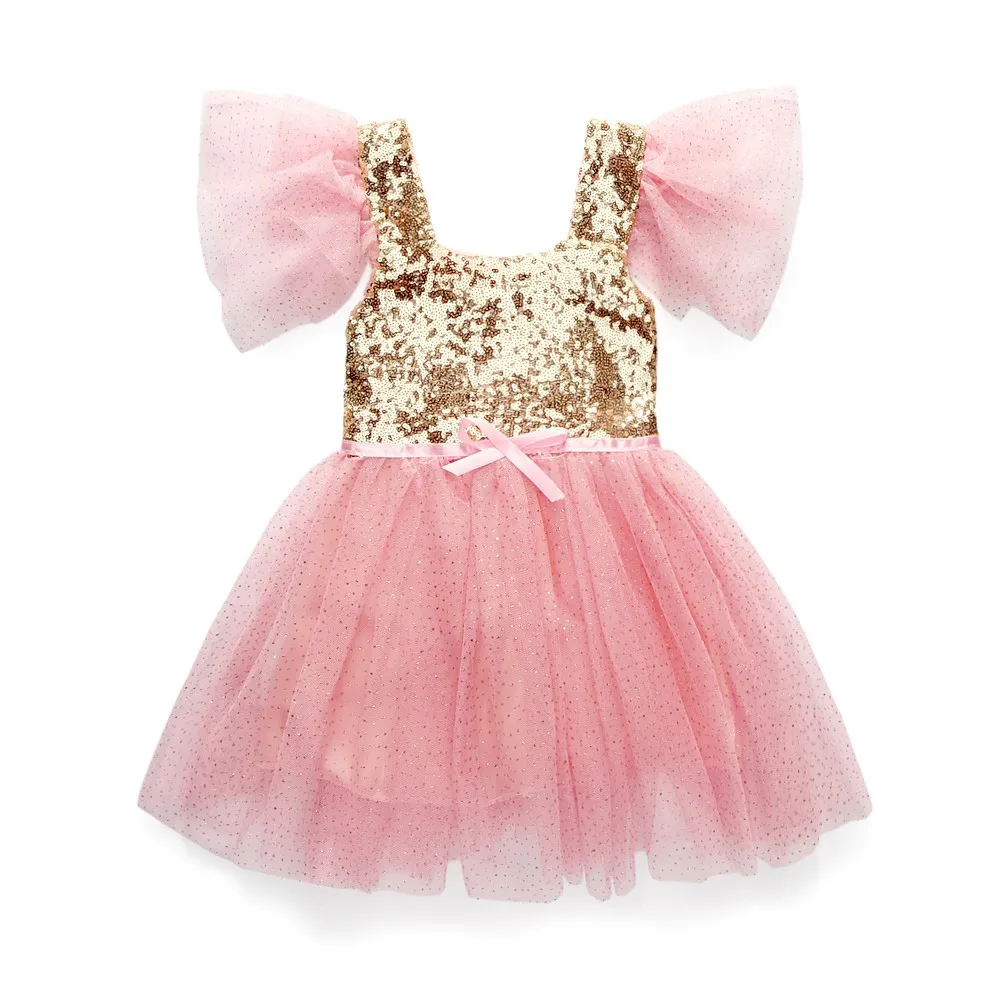 

2019 Girls Petal Sleeve Princess Dress Children's Sequin Mesh Ball Gown Dresses Kids Prom Party Clothes