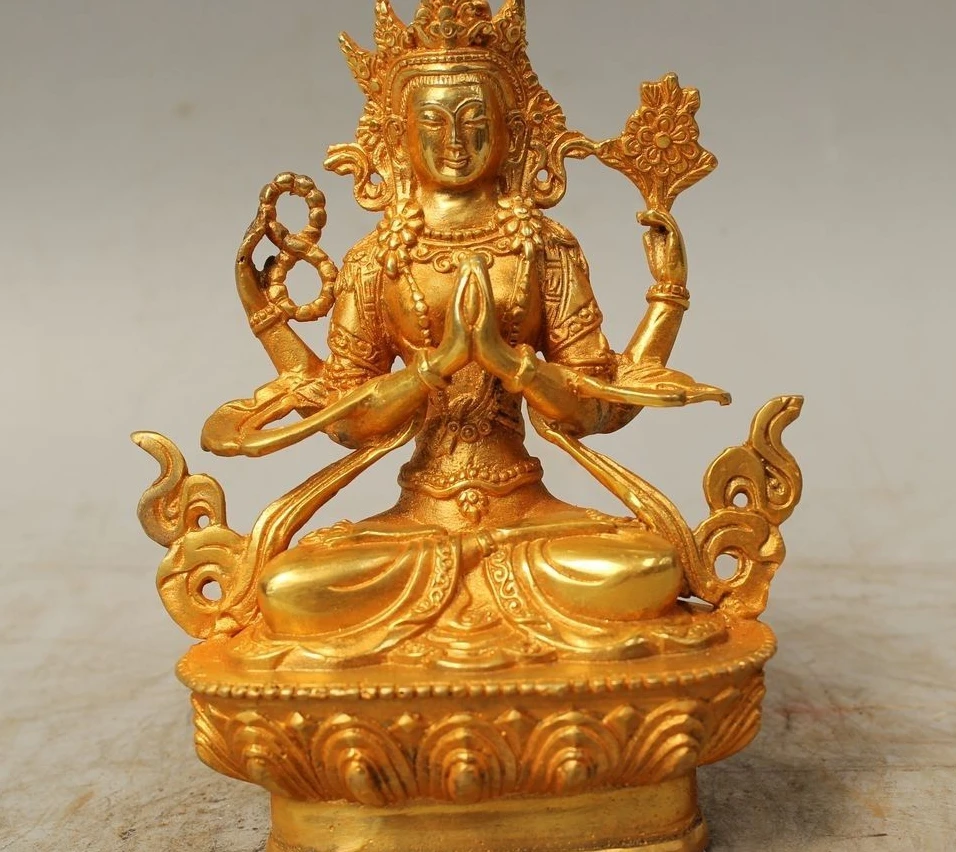 

6" Tibet Buddhism Bronze Gild 4 arms Chenrezig Buddha Avalokiteshvara Statue