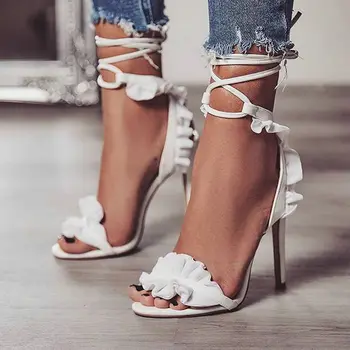 

ZawsThia 2020 summer sexy bandage cross strap white thin high heels woman shoes lace-up women sandals with ruffles big size 41