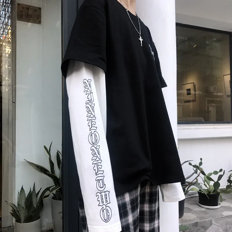 Harajuku одежда уличная футболка для женщин Корейский Ulzzang винтажные поддельные 2 шт