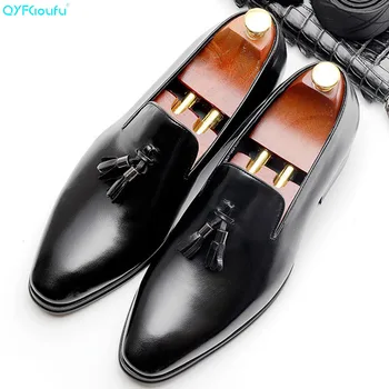 

QYFCIOUFU Pointed Toe Genuine Leather Shoes Men Stylish Slip-on Formal Shoes Fashion Tassel Loafers Luxury Mens Dress Shoes