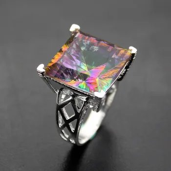 

Hermosa Jewelry Princess Square Huge Rainbow Mystic Fire Silver Color Engagement Rings 7# HR016