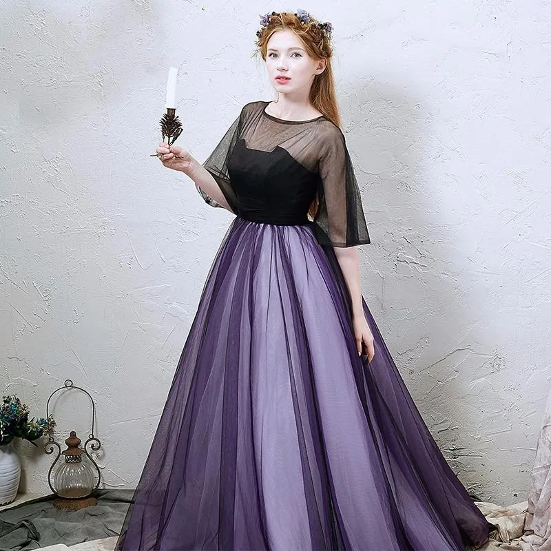 Custom Made Black and Purple Long Evening Dresses A Line Floor Length O Neck Half Sleeve Prom Dresses Gown