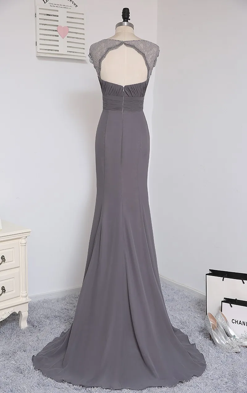 A-Line Cap Sleeves Gray Chiffon Lace Open Back Bridesmaid Dress in Bridesmaid dresses