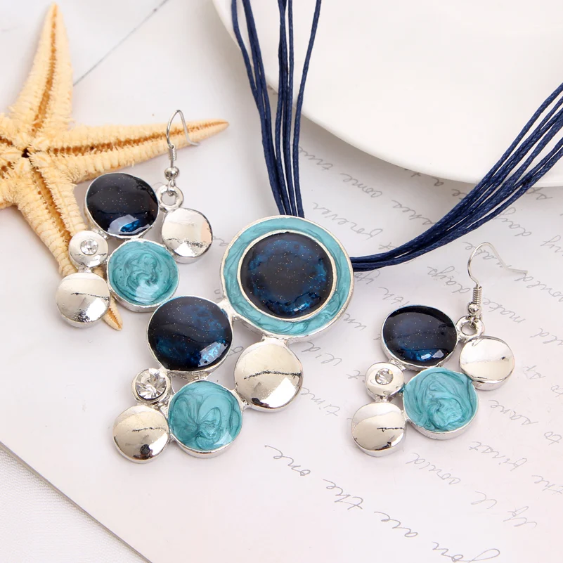

MINHIN Special Circle Design Silver Plated Pendant Accessory Blue Jewelry Set For Women High Quality Rope Accessory