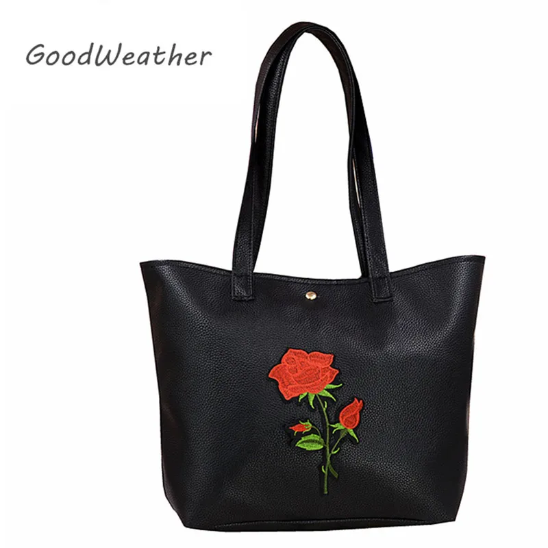 Fashion leather handbag female with embroidery large capacity big black