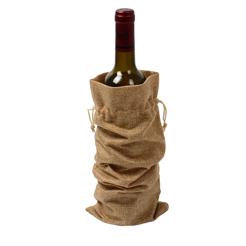 1 pc 15*35cm Rustic Jute Burlap Wine Drawstring Bags Wine Bottle Covers Reusable Bottle Wrap Gift Package Wine Bags